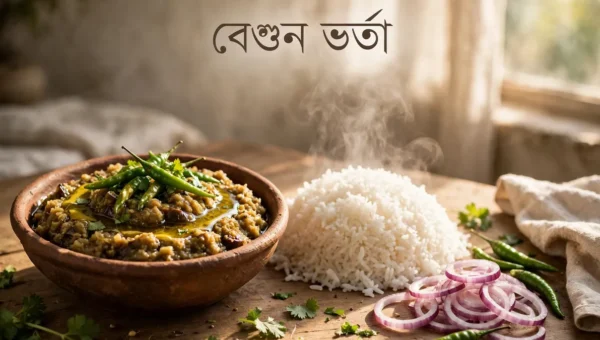 বেগুন ভর্তা — মাটির বাটিতে সর্ষের তেল ছড়ানো পোড়া বেগুনের ভর্তা, পাশে গরম ভাত