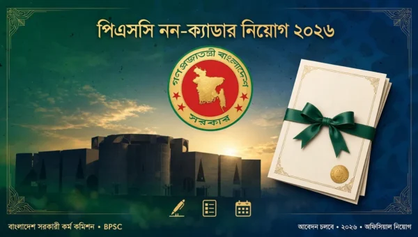 পিএসসি নন-ক্যাডার নিয়োগ বিজ্ঞপ্তি ২০২৬: ১৪৭ পদে আবেদন ১–৩০ নভেম্বর 1 পিএসসি নন-ক্যাডার নিয়োগ ২০২৬ ঘোষণার গ্রাফিক — সংসদ ভবন, সরকারি সিলমোহর ও নিয়োগপত্র