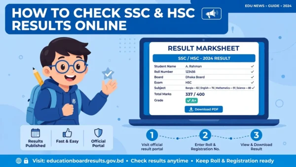 অনলাইনে SSC-HSC রেজাল্ট দেখার ডিজাইন করা ব্যানার — ল্যাপটপে রেজাল্ট মার্কশিট ও ধাপনির্দেশনা