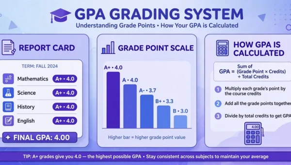 GPA ও গ্রেডিং পদ্ধতি: কীভাবে রেজাল্ট হিসাব হয় 1 GPA গ্রেডিং পদ্ধতির ডিজাইন করা ব্যানার — রিপোর্ট কার্ড, গ্রেড পয়েন্ট স্কেল ও হিসাবের চার্ট