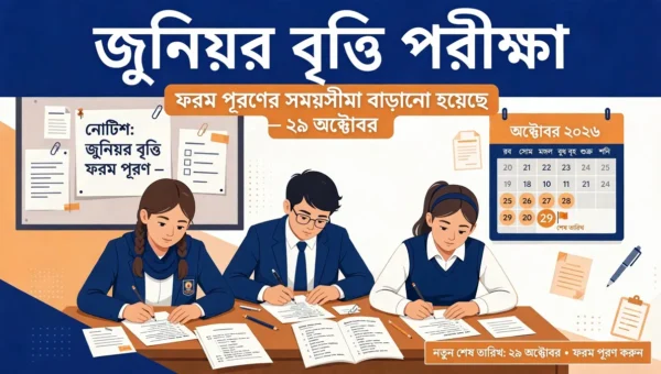 জুনিয়র বৃত্তি পরীক্ষা ২০২৬-এর ফরম পূরণের সময়সীমা বৃদ্ধির সংবাদ গ্রাফিক — শিক্ষার্থীরা পরীক্ষার প্রস্তুতি নিচ্ছে, ক্যালেন্ডারে ২৫–২৯ অক্টোবর চিহ্নিত।
