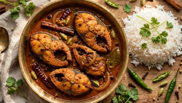 সরষের তেলের গ্রেভিতে ভাজা কাতলা মাছের কালিয়া, ভাতের সঙ্গে পরিবেশিত