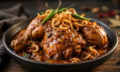 মুরগির রোস্ট রেসিপি: ঘন মসলাদার গ্রেভিতে রান্না মুরগির রোস্ট, বেরেস্তা ও কাঁচামরিচ দিয়ে সাজানো