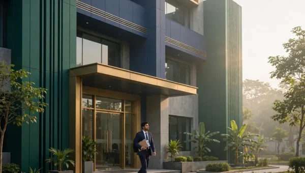 কর অঞ্চল-৬ ঢাকা নিয়োগ ২০২৬ — আধুনিক সরকারি কার্যালয়ের সামনে নথিপত্র হাতে চাকরিপ্রার্থী